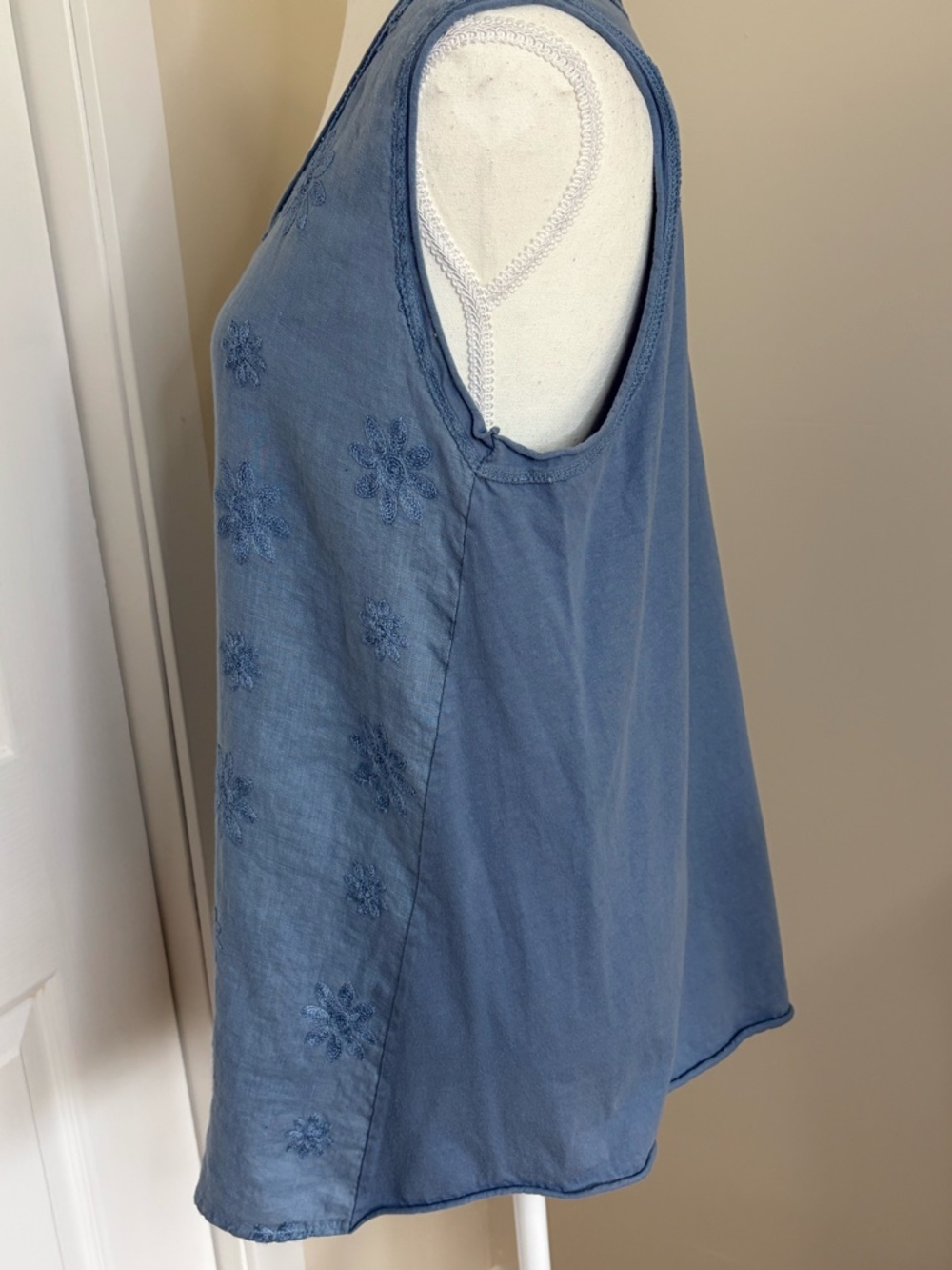 Italian Linen Cotton Blend Blue Floral Embroidery Boho Sleeveless Top-Sz-XL - Picture 9 of 16
